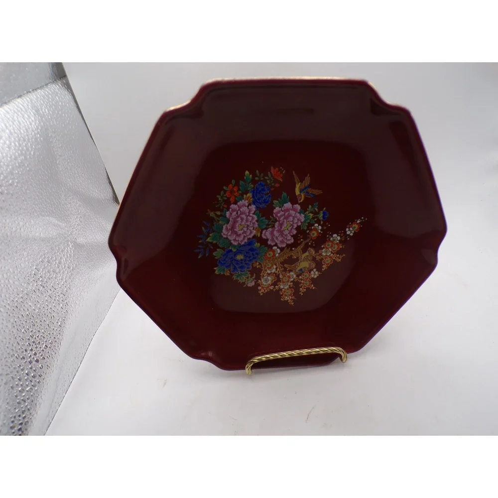 Vintage Japan Hexagonal Dark Red Porcelain‎ Plate Bird Floral Gold Trim Stand